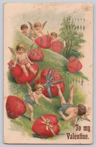 1911 Valentine Postcard Cherubs & Hearts German Embossed - Picture 1 of 3