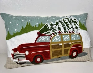 HTF Pottery Barn Woody Car Crewel Embroidered Pillow Cover Down Insert Christmas - Picture 1 of 10
