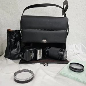 Vintage Camera Leather Hard Compartment Case Bag And Extras- Lens, Flash Unit - Picture 1 of 13