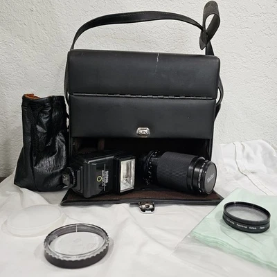 Vintage Camera Leather Hard Compartment Case Bag And Extras- Lens, Flash Unit  - Image 1 of 4