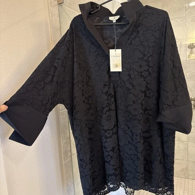 Blusa túnica de encaje sauce negro Tuckernuck damas talla PEQUEÑA manga tres cuartos Foto 1 de 4