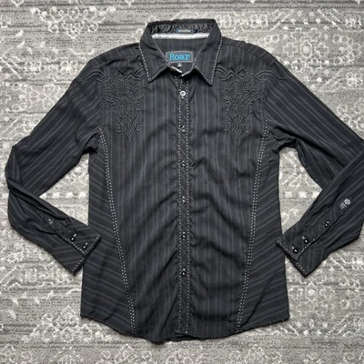 Roar Signature Black Pin Stripe L/ S Button up Embroidered Shirt Mens Small - Image 1 of 4