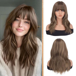 Blonde gemischte braun gewellte mit Pony 19 Zoll Premium Naturhaar Perücken - Bild 1 von 7