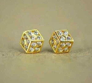 14K Gold Fancy Casino Post Dice Stud Push Back Earrings with Cubic Zirconia Gift - Picture 1 of 16