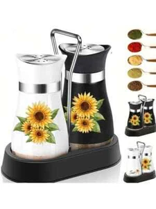 Sunflower Salt & Pepper Shaker Set with Holder – Cute Glass Kitchen Decor - Picture 1 of 10