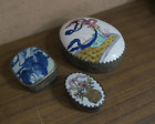 Lot of 3 Antique Chinese Asian Porcelain Shard Lid Vintage Metal Silver Pill Box