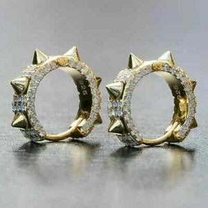 1 Ct Round Cut Simulated Diamond Men's fork Hoop Earring 14K Yellow Gold Plated - Picture 1 of 5