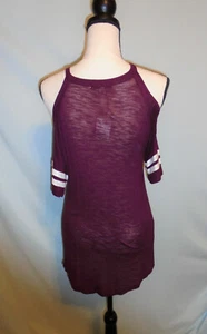 NWT WOMENS BURGUNDY JERSEY SHIRT SMALL COLD SHOULDER SHEER MORAL FIBER - Picture 1 of 3