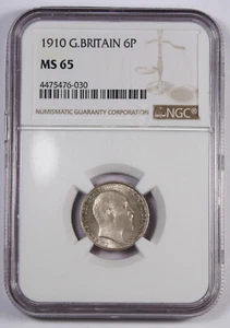 GREAT BRITAIN 1910 Edward VII 6 Pence Silver Coin NGC MS65 KM-799 GEM BU - Picture 1 of 4