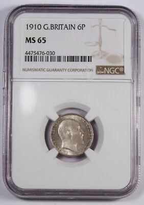 GREAT BRITAIN 1910 Edward VII 6 Pence Silver Coin NGC MS65 KM-799 GEM BU - Image 1 of 4