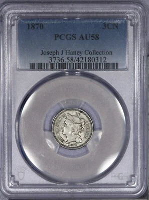 1870 Three Cent Nickel 3CN PCGS AU58 - FS-101 FS-005 DDO & RPD Joseph J. Haney - Image 1 of 4