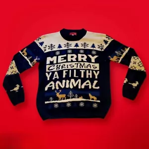 You Look Ugly Today Sweater Mens Small Merry Xmas You Filthy Animal, White/Blue - Picture 1 of 5