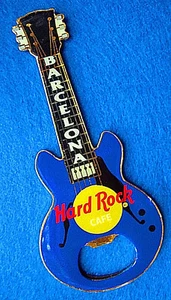 BARCELONA SPAIN BLUE GIBSON BOTTLE OPENER GUITAR MAGNET Hard Rock Cafe not a pin - Picture 1 of 1