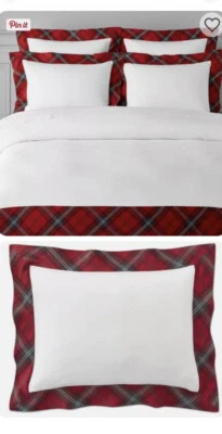 Williams Sonoma Home TARTAN Border Linen Queen Duvet 2 STD Shams RED Plaid P9 - Image 1 of 4
