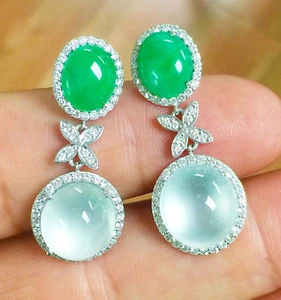 Oro blanco de 14 quilates de oro ovalado corte jade y diamantes pendiente Halo Deco boda nupcial 15.70c - Imagen 1 de 3
