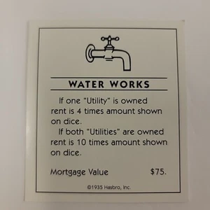 1998 Monopoly Deluxe Edition Game WATER WORKS Deed Card Replacement Piece - Picture 1 of 2