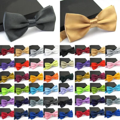 Men's Bow Tie Pre Tied Plain Black Gold Satin  Party Prom Office Wedding Bowti ♪ - Image 1 of 4