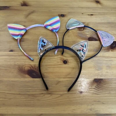 Lote Diadema Niñas Orejas de Gato Arco Iris Brillo Metálico Lentejuelas Disfraz Vestir Foto 1 de 4