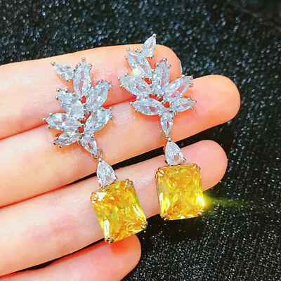 New Mix Color Square Yellow Citrine White Topaz Gems Charm Women Dangle Earrings - Image 1 of 4
