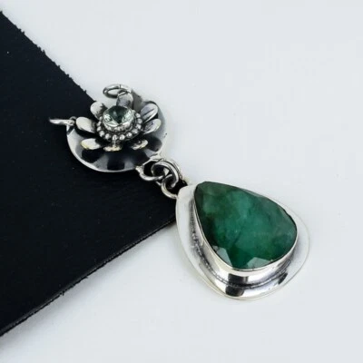 Smaragd, Grün Apatit Lab-Created Handgemacht 925 Sterling Silber Schmuck Pendel - Bild 1 von 4