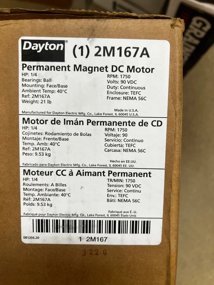 Dayton Permanent Magnet DC Motor Model 2M167A 1/4HP 90V 2.5A - Image 1 of 1