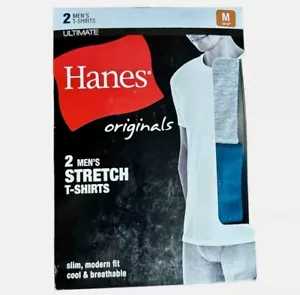 Hanes T Shirts Men's Size Medium 2-Pack Crew Stretch Ultimate Slim Teal Grey - Picture 1 of 2