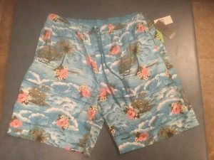 Burnside Men's XL Turquoise Hawaiian Print Drawstring Elastic Waist Mesh Lined - Picture 1 of 5