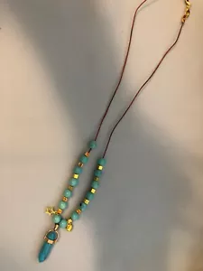 Genuine brown leather necklace with real Turquoise stone, real Turquoise beads,  - Picture 1 of 2