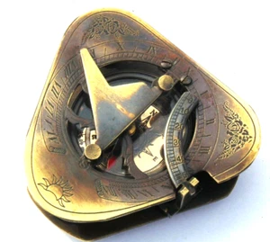 Nautical Antique Brass Triangle Pocket compass - Vintage Pocket Sundial Compass - Picture 1 of 8