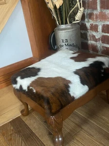 Vintage Ottoman Foot Stool Newly Reupholstered Genuine Cowhide 10" high - Picture 1 of 4