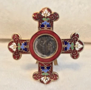 Antike religiöse rote Emaille Reliquiar aus den 1880er Jahren mit Bronze religiöse Plakette Münze - Bild 1 von 10