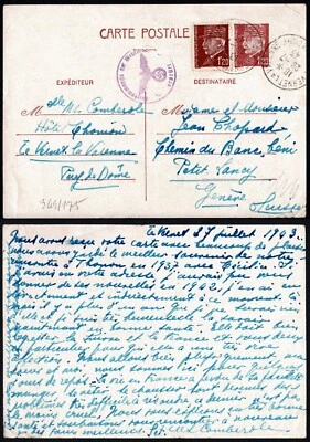 1943 French Censored Postcard – Pétain Stamps – Vichy France to Switzerland - Image 1 of 3