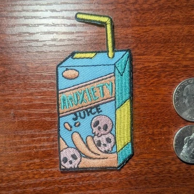 Mental Health Patch Anxiety Juice Funny Satire Embroidered Iron On 3.5x2.25" - Image 1 of 3