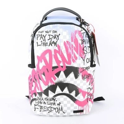 Sprayground Shark Poetry Dlxsv Leather Backpack Zippered Unisex Plaid Pink Gray - Image 1 of 4