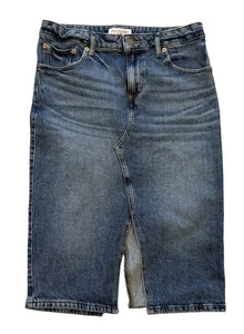 Lucky Brand Womens Denim Midi Skirt 8/29 Blue Front Back Slit Casual Whiskering - Picture 1 of 9