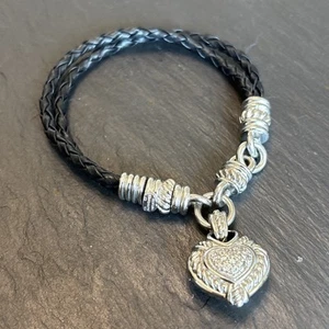 Judith Ripka Heart Pave CZ 925 Sterling Silver Leather Bracelet Magnet 7.5” X6 - Picture 1 of 12