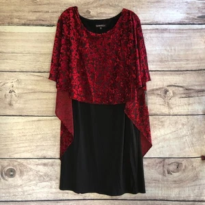 Glamour Nights Kleid 18W Plus schwarz rot Blumen Samt Burnout Overlay Schal Cape - Bild 1 von 12