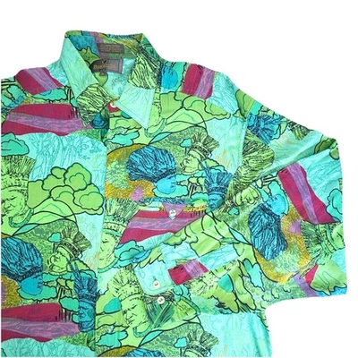 Vintage Bugatchi Uomo Button Up Shirt Men’s Medium Green Mayan Aztec Print  - Image 1 of 4