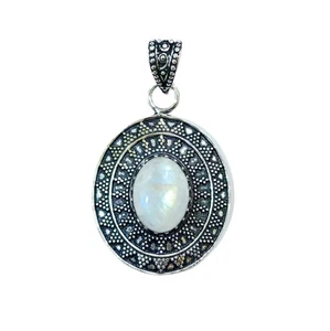 Natural Blue Fire Moonstone Gemstone Oval Pendant For Women and Men, 925 Silv... - Picture 1 of 3