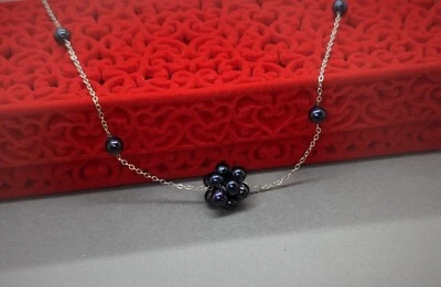 Ожерелье из стерлингового серебра 925 пробы с круглым черным пресноводным жемчугом ручной работы - Изображение 1 из 4