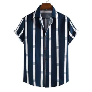 Striped Loose Plus Size Casual Men's Shirt with Short Sleeves and Lapel Collar M - Picture 1 of 21