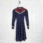 Gunne Sax Vintage Womens Floral Quilted Velvet Lace Trim L/S Navy Dress Sz 7
