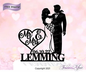 Hochzeitstorte Topper Braut & Bräutigam Silhouette mit individuellem Namen und Datum [TLA99b] - Bild 1 von 3