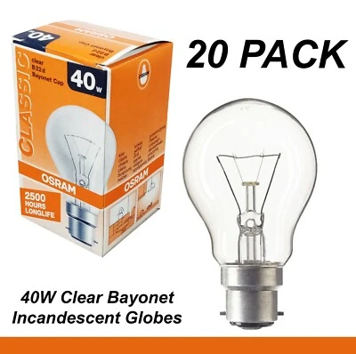 20 x 40W Incandescent Light Globes Bulbs B22 Bayonet Warm White Dimmable Clear - Image 1 of 2