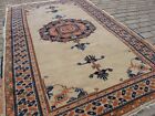 Vintage Small Oushak Muted Turkish Rug,Blue Beige Hand Knotted Wool Carpet 4x6