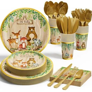 Woodland Baby Boy Shower Dinnerware-175 PCS,Forest Animal,Disposable,for Guests - Picture 1 of 5