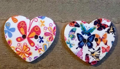 2 Butterfly Heart Sewing Buttons Crafting Wood 2 Hole 1"  - Image 1 of 2
