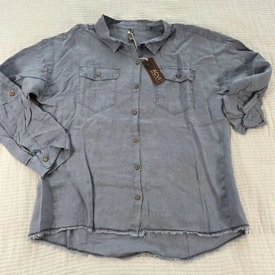 XCVI Top Womens Large Blue Linen Lagenlook Boho Beach Raw Hem Cottage Coastal - Image 1 of 4