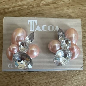 Vintage Tacoa Clip-on Earrings Faux Diamond Pink Pearl Angel Halo 1.5” Chunky - Picture 1 of 6