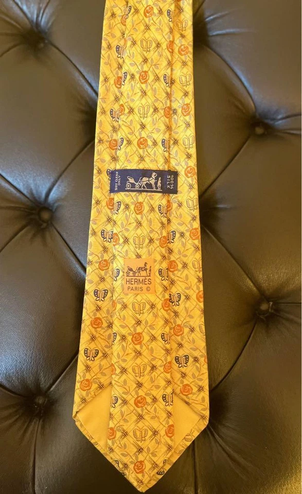 HERMÈS желтый галстук - мужчин роза бабочка логотип Франции галстуки только 112820 - Изображение 1 из 3